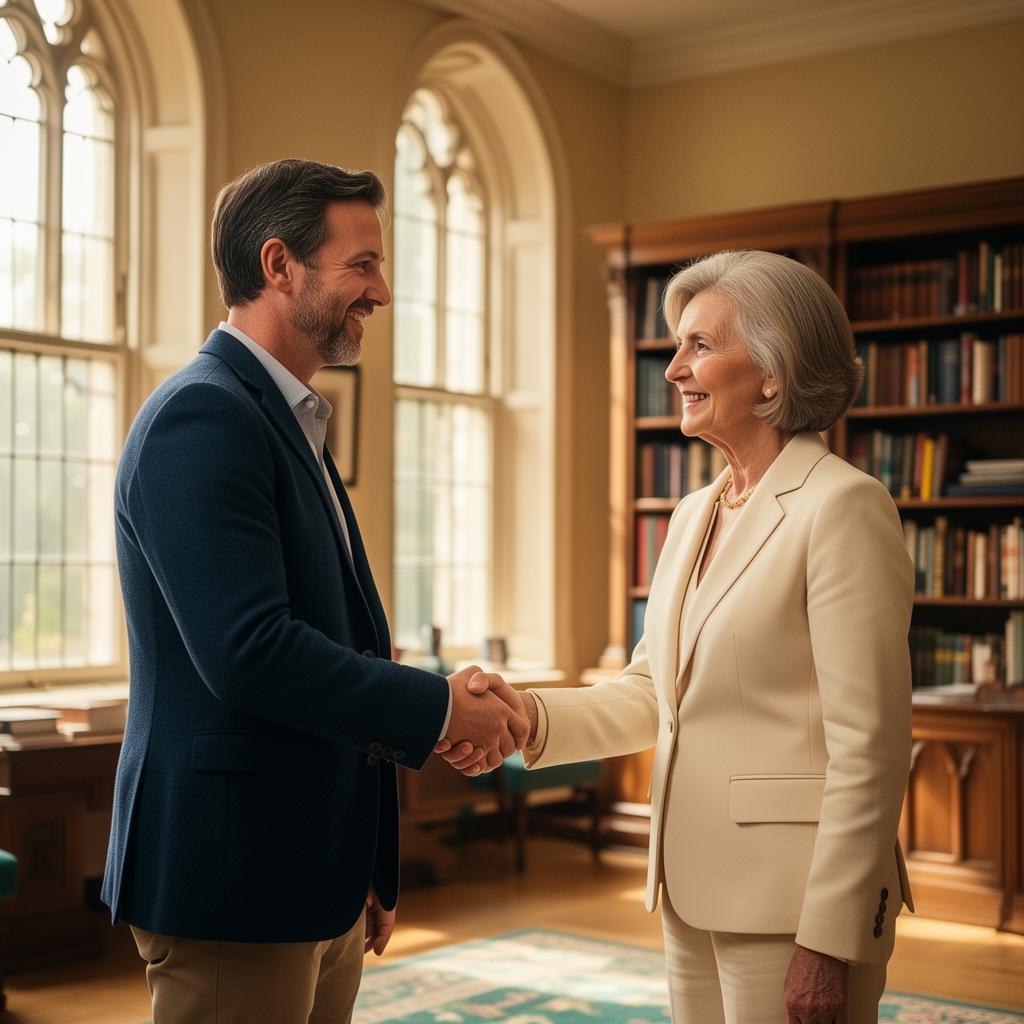 A My Therapy Talk and More therapist shaking hands with a university president in her sunlit office