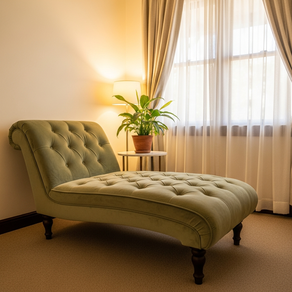 A sunlit, minimalist therapy room with natural light and a single green plant